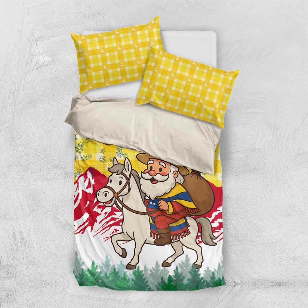 Venezuela Christmas Bedding Set with Santa on Horse Traditional Outfit Snowflakes and Yellow Plaid - Wonder Print Shop