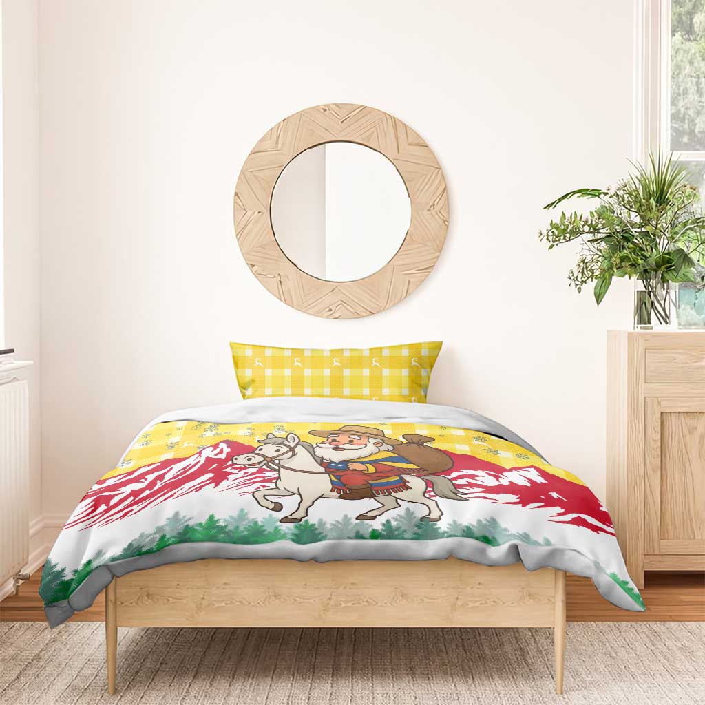Venezuela Christmas Bedding Set with Santa on Horse Traditional Outfit Snowflakes and Yellow Plaid - Wonder Print Shop