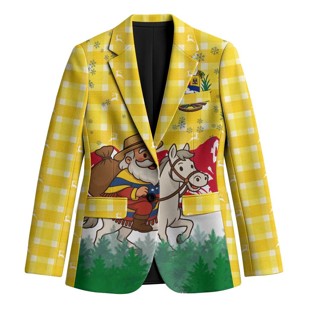 Venezuela Christmas Blazer with Santa on Horse Traditional Outfit Snowflakes and Yellow Plaid - Wonder Print Shop