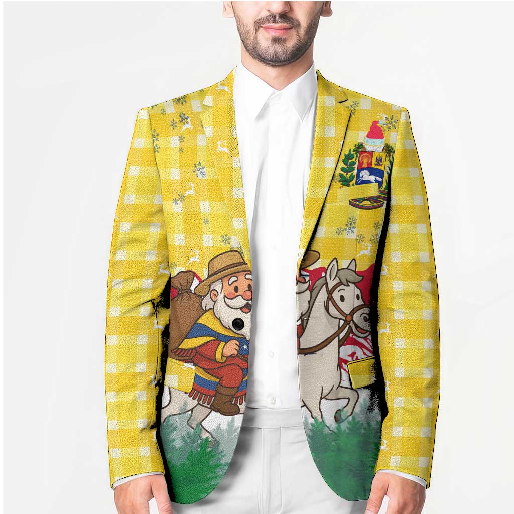 Venezuela Christmas Blazer with Santa on Horse Traditional Outfit Snowflakes and Yellow Plaid - Wonder Print Shop