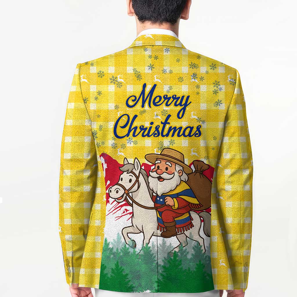 Venezuela Christmas Blazer with Santa on Horse Traditional Outfit Snowflakes and Yellow Plaid - Wonder Print Shop