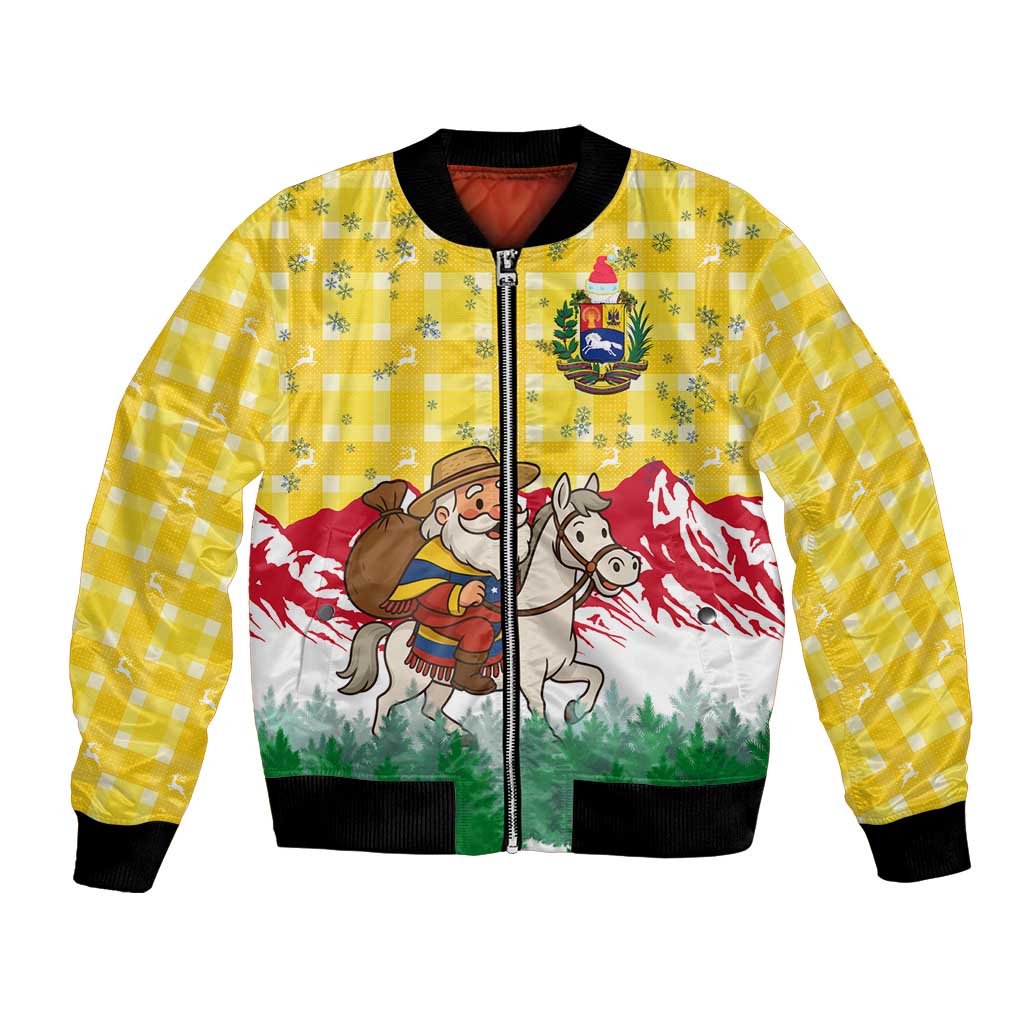 Venezuela Christmas Bomber Jacket with Santa on Horse Traditional Outfit Snowflakes and Yellow Plaid - Wonder Print Shop