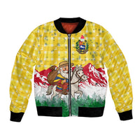 Venezuela Christmas Bomber Jacket with Santa on Horse Traditional Outfit Snowflakes and Yellow Plaid - Wonder Print Shop