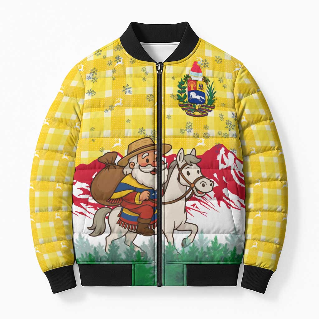 Venezuela Christmas Bomber Puffer Jacket with Santa on Horse Traditional Outfit Snowflakes and Yellow Plaid - Wonder Print Shop