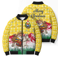 Venezuela Christmas Bomber Puffer Jacket with Santa on Horse Traditional Outfit Snowflakes and Yellow Plaid - Wonder Print Shop
