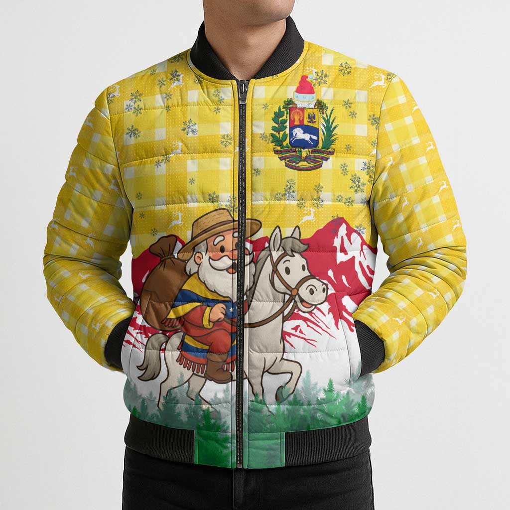 Venezuela Christmas Bomber Puffer Jacket with Santa on Horse Traditional Outfit Snowflakes and Yellow Plaid - Wonder Print Shop