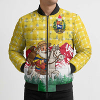 Venezuela Christmas Bomber Puffer Jacket with Santa on Horse Traditional Outfit Snowflakes and Yellow Plaid - Wonder Print Shop