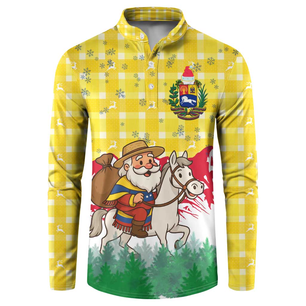 Venezuela Christmas Button Sweatshirt with Santa on Horse Traditional Outfit Snowflakes and Yellow Plaid - Wonder Print Shop