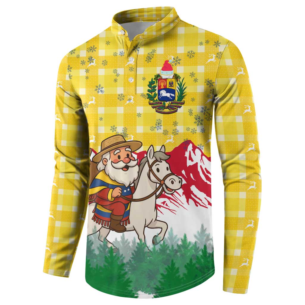 Venezuela Christmas Button Sweatshirt with Santa on Horse Traditional Outfit Snowflakes and Yellow Plaid - Wonder Print Shop