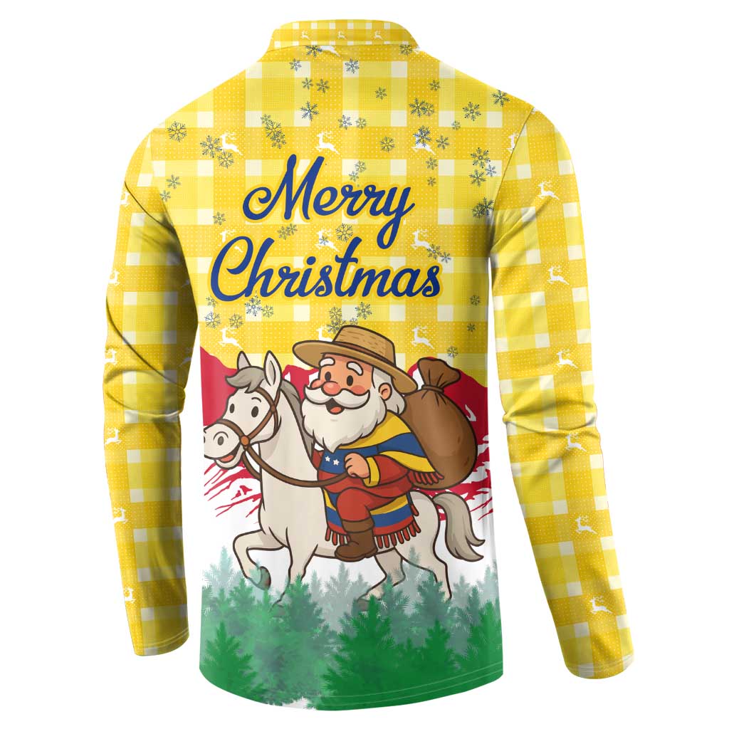 Venezuela Christmas Button Sweatshirt with Santa on Horse Traditional Outfit Snowflakes and Yellow Plaid - Wonder Print Shop