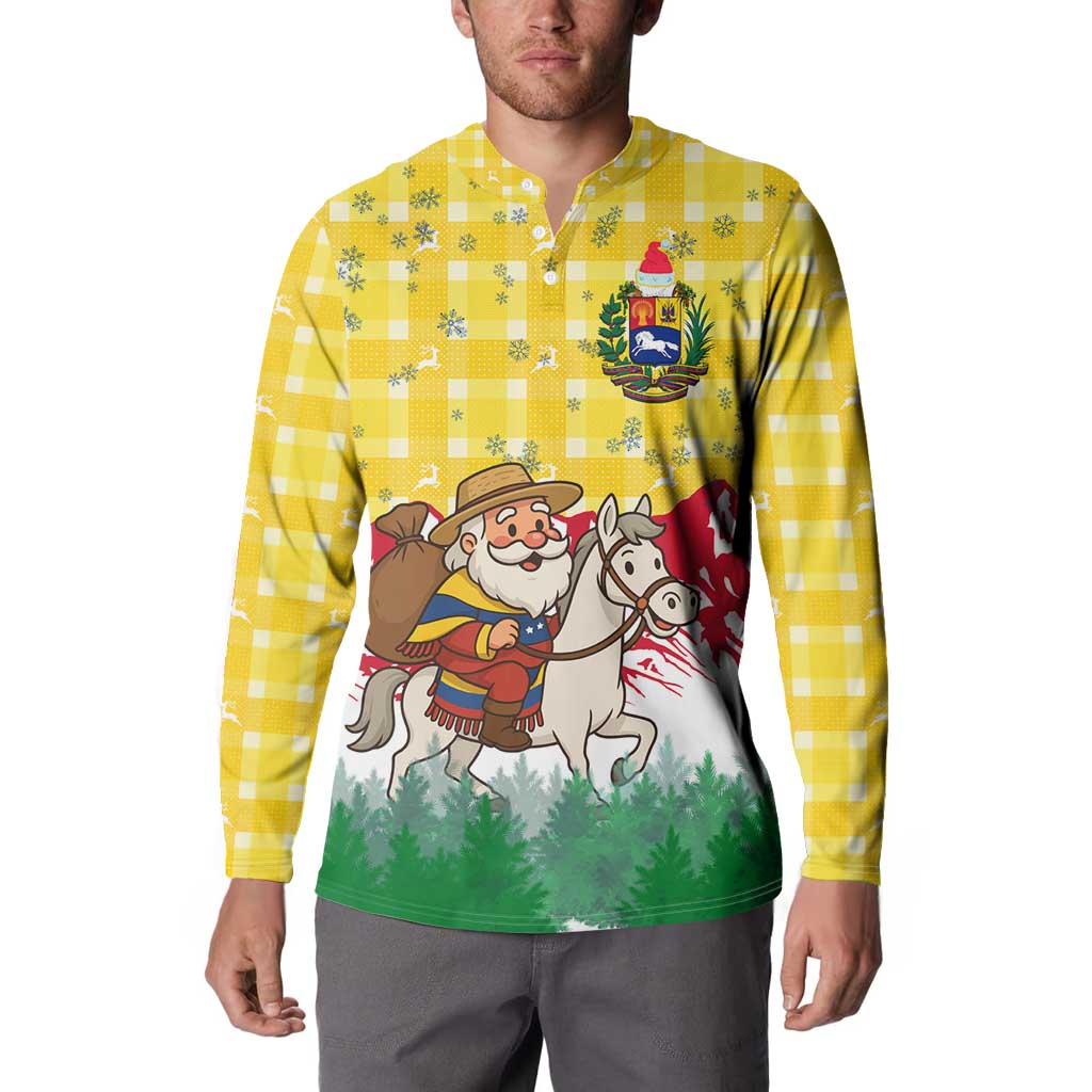 Venezuela Christmas Button Sweatshirt with Santa on Horse Traditional Outfit Snowflakes and Yellow Plaid - Wonder Print Shop