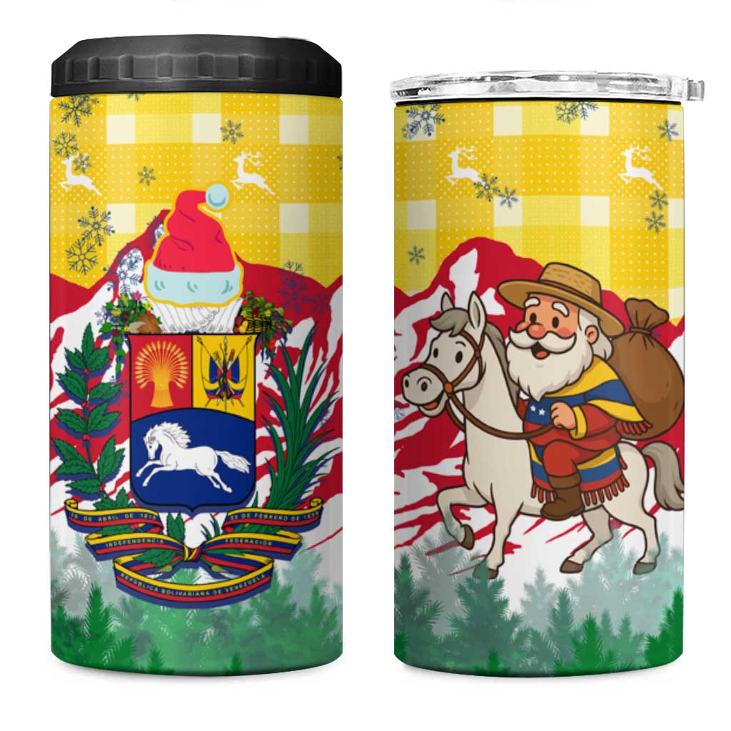 Venezuela Christmas 4 in 1 Can Cooler Tumbler with Santa on Horse Traditional Outfit Snowflakes and Yellow Plaid - Wonder Print Shop