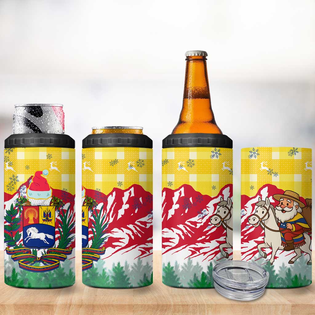 Venezuela Christmas 4 in 1 Can Cooler Tumbler with Santa on Horse Traditional Outfit Snowflakes and Yellow Plaid - Wonder Print Shop