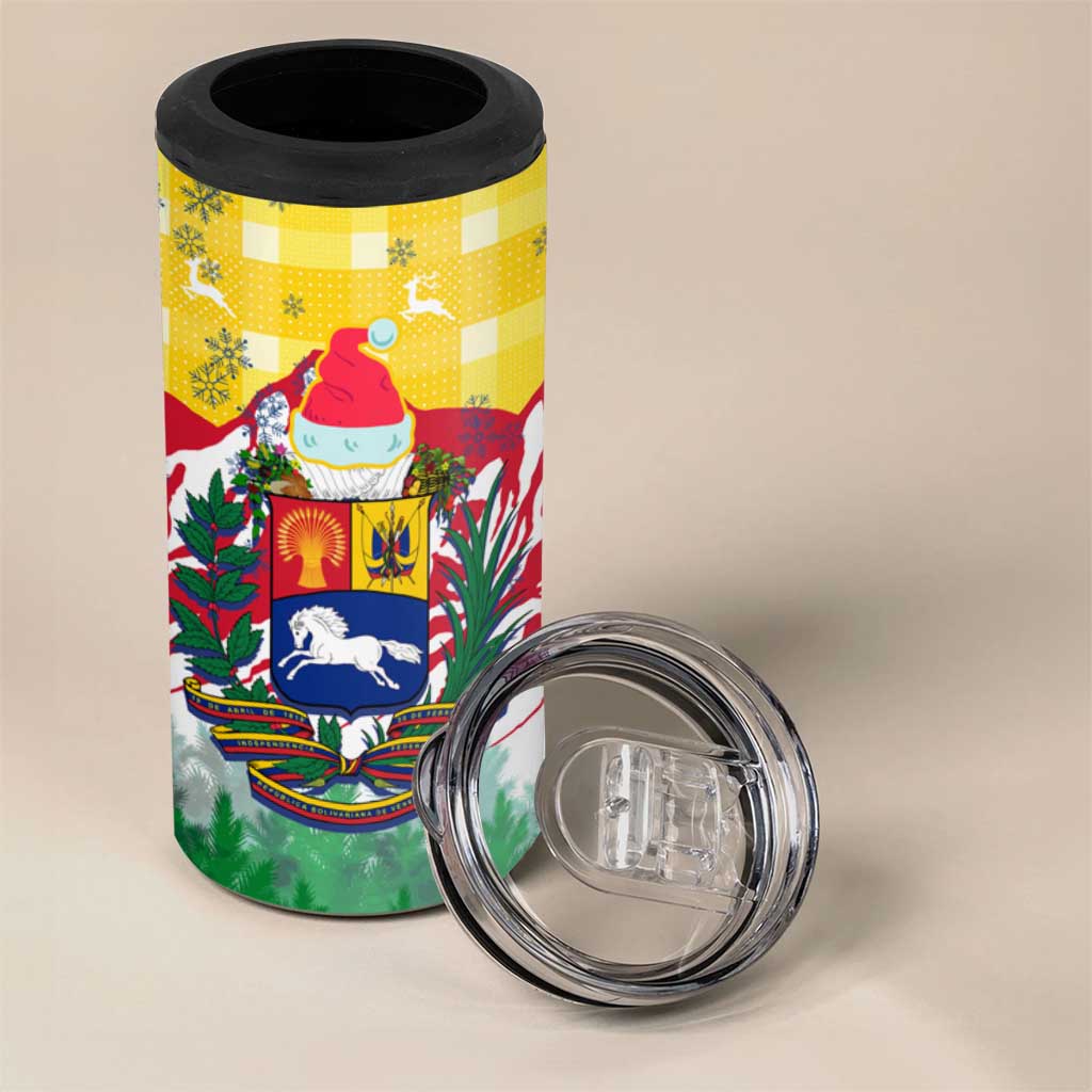 Venezuela Christmas 4 in 1 Can Cooler Tumbler with Santa on Horse Traditional Outfit Snowflakes and Yellow Plaid - Wonder Print Shop