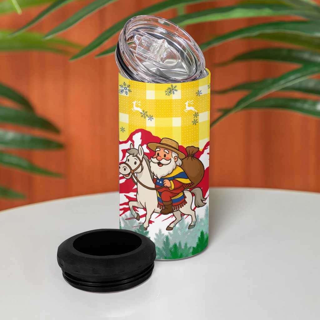 Venezuela Christmas 4 in 1 Can Cooler Tumbler with Santa on Horse Traditional Outfit Snowflakes and Yellow Plaid - Wonder Print Shop