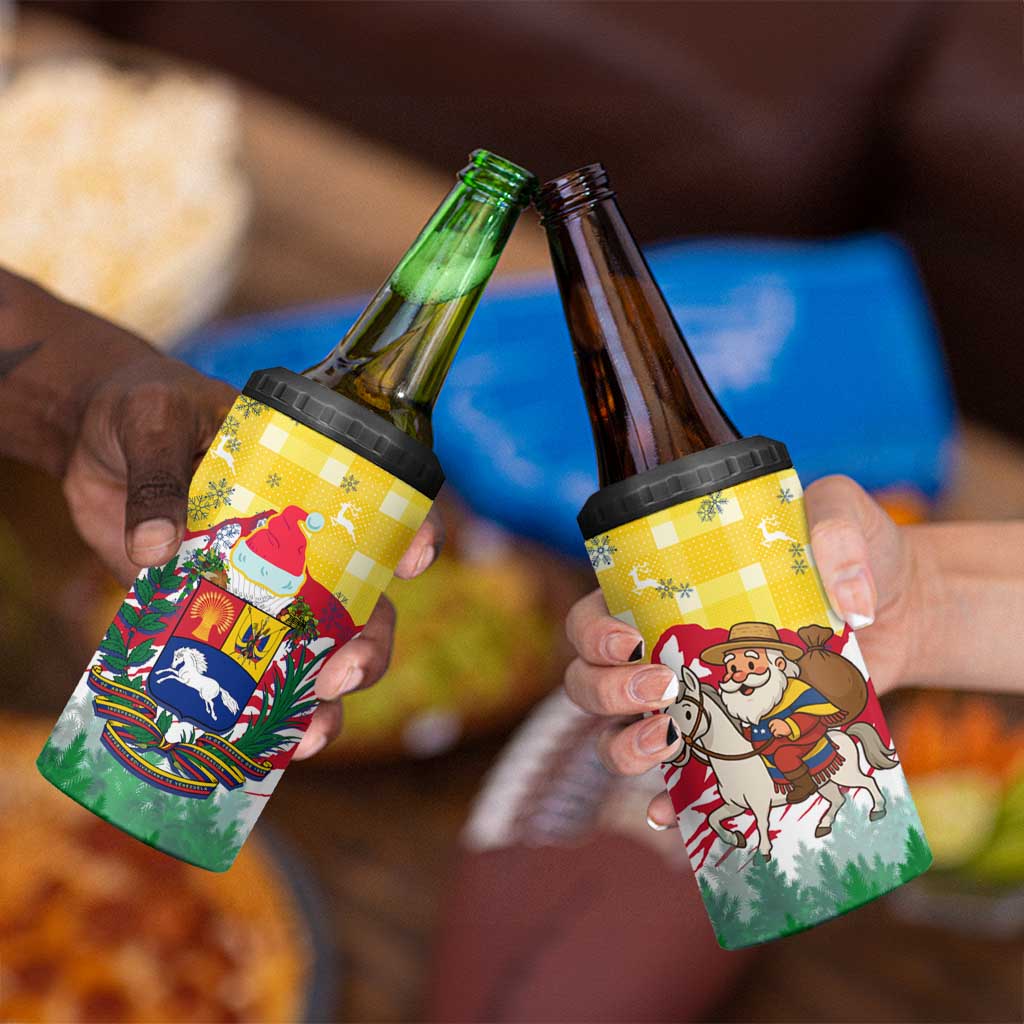 Venezuela Christmas 4 in 1 Can Cooler Tumbler with Santa on Horse Traditional Outfit Snowflakes and Yellow Plaid - Wonder Print Shop