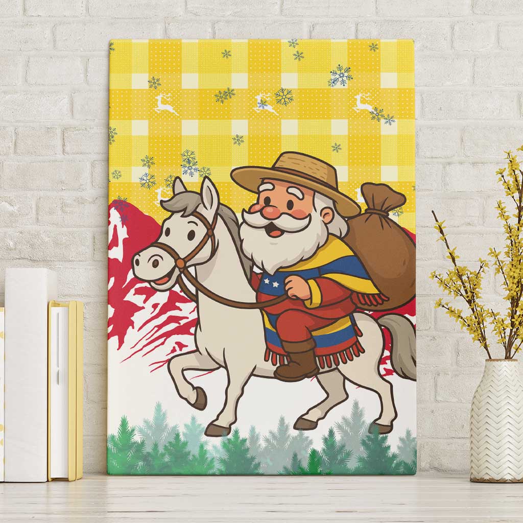 Venezuela Christmas Canvas Wall Art with Santa on Horse Traditional Outfit Snowflakes and Yellow Plaid - Wonder Print Shop