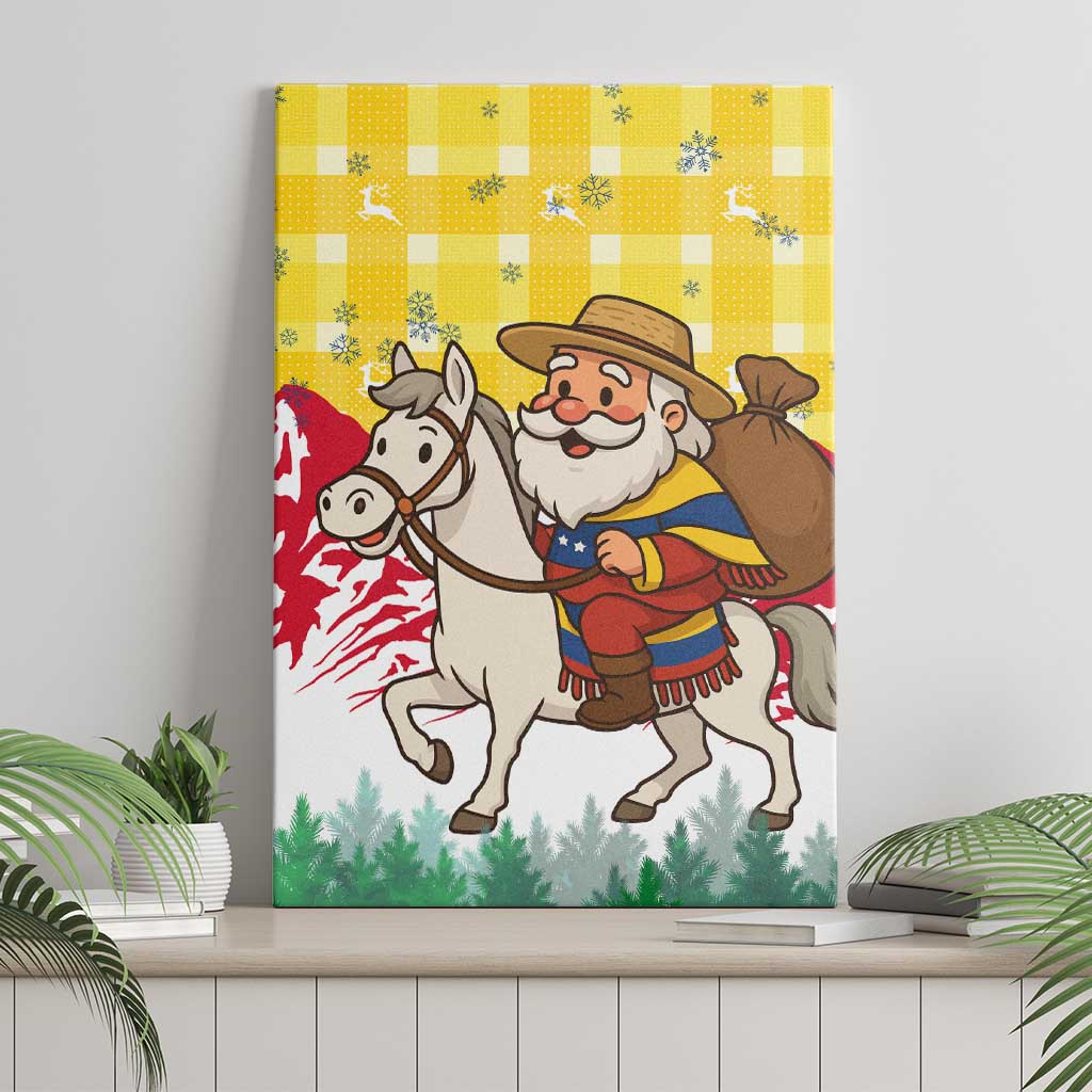 Venezuela Christmas Canvas Wall Art with Santa on Horse Traditional Outfit Snowflakes and Yellow Plaid - Wonder Print Shop