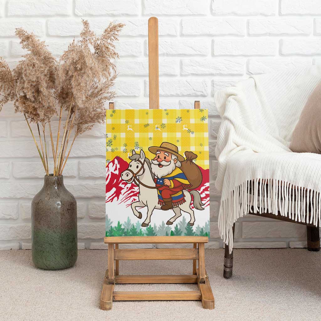 Venezuela Christmas Canvas Wall Art with Santa on Horse Traditional Outfit Snowflakes and Yellow Plaid - Wonder Print Shop