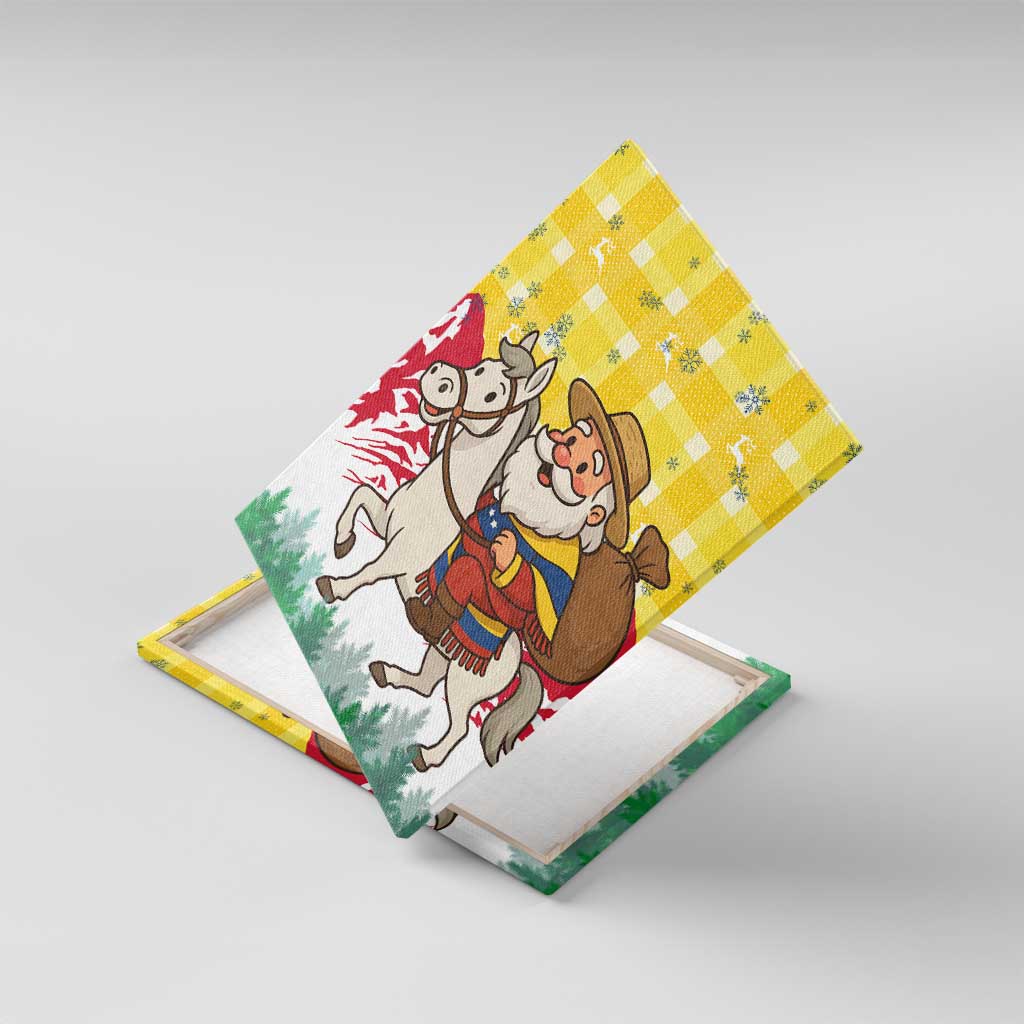 Venezuela Christmas Canvas Wall Art with Santa on Horse Traditional Outfit Snowflakes and Yellow Plaid - Wonder Print Shop