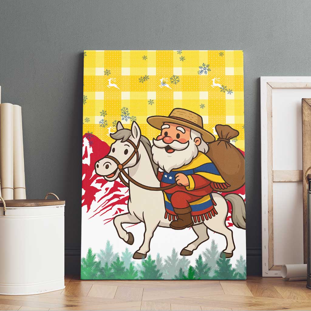 Venezuela Christmas Canvas Wall Art with Santa on Horse Traditional Outfit Snowflakes and Yellow Plaid - Wonder Print Shop