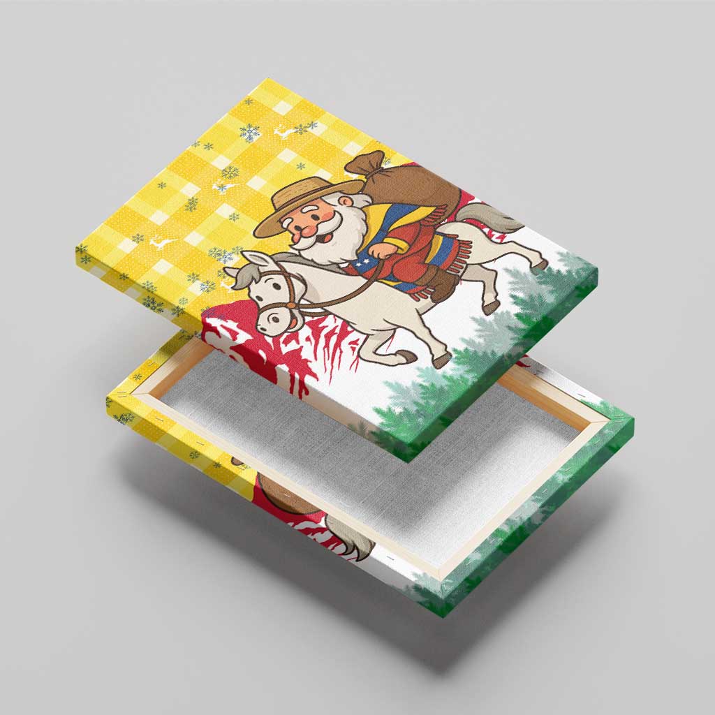 Venezuela Christmas Canvas Wall Art with Santa on Horse Traditional Outfit Snowflakes and Yellow Plaid - Wonder Print Shop