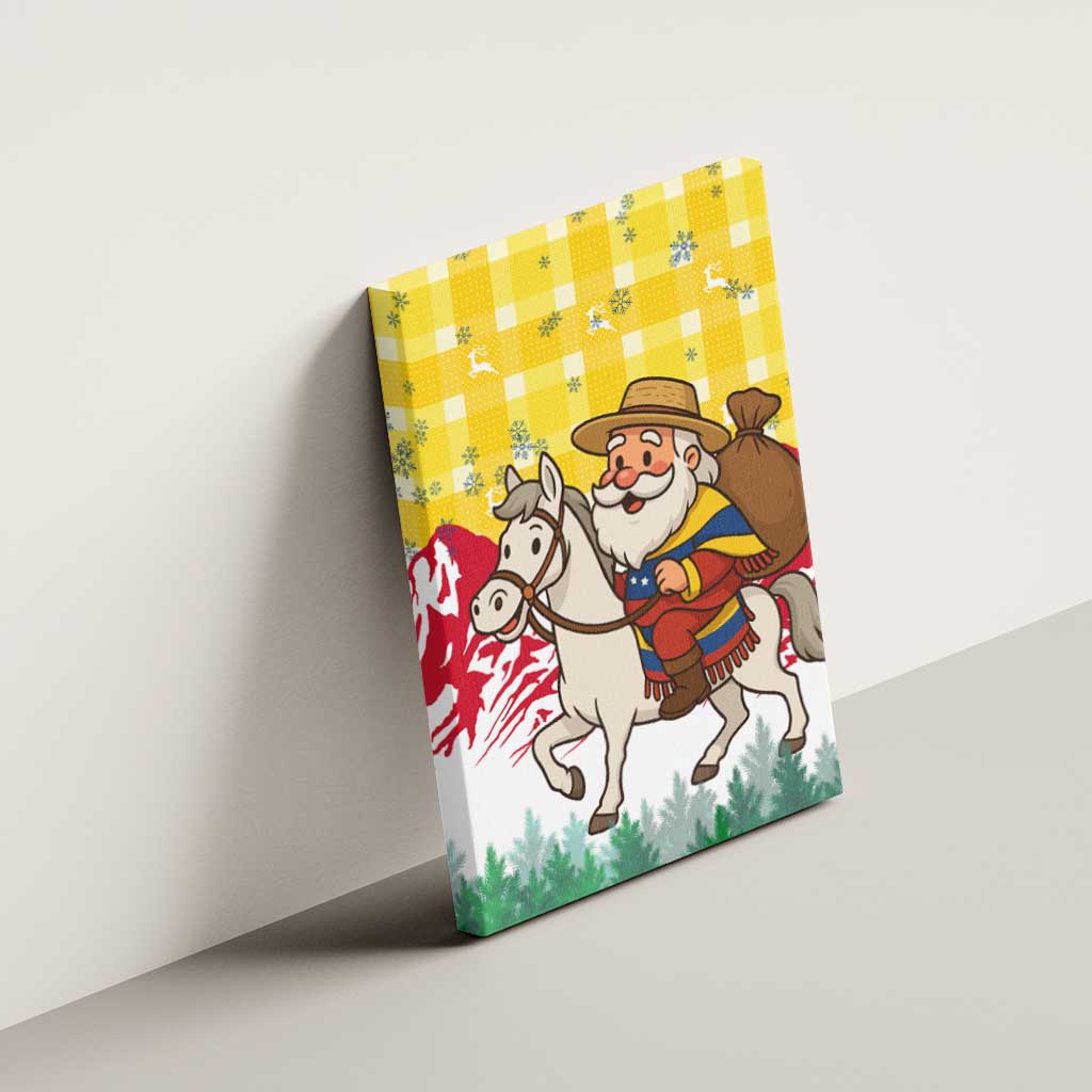 Venezuela Christmas Canvas Wall Art with Santa on Horse Traditional Outfit Snowflakes and Yellow Plaid - Wonder Print Shop