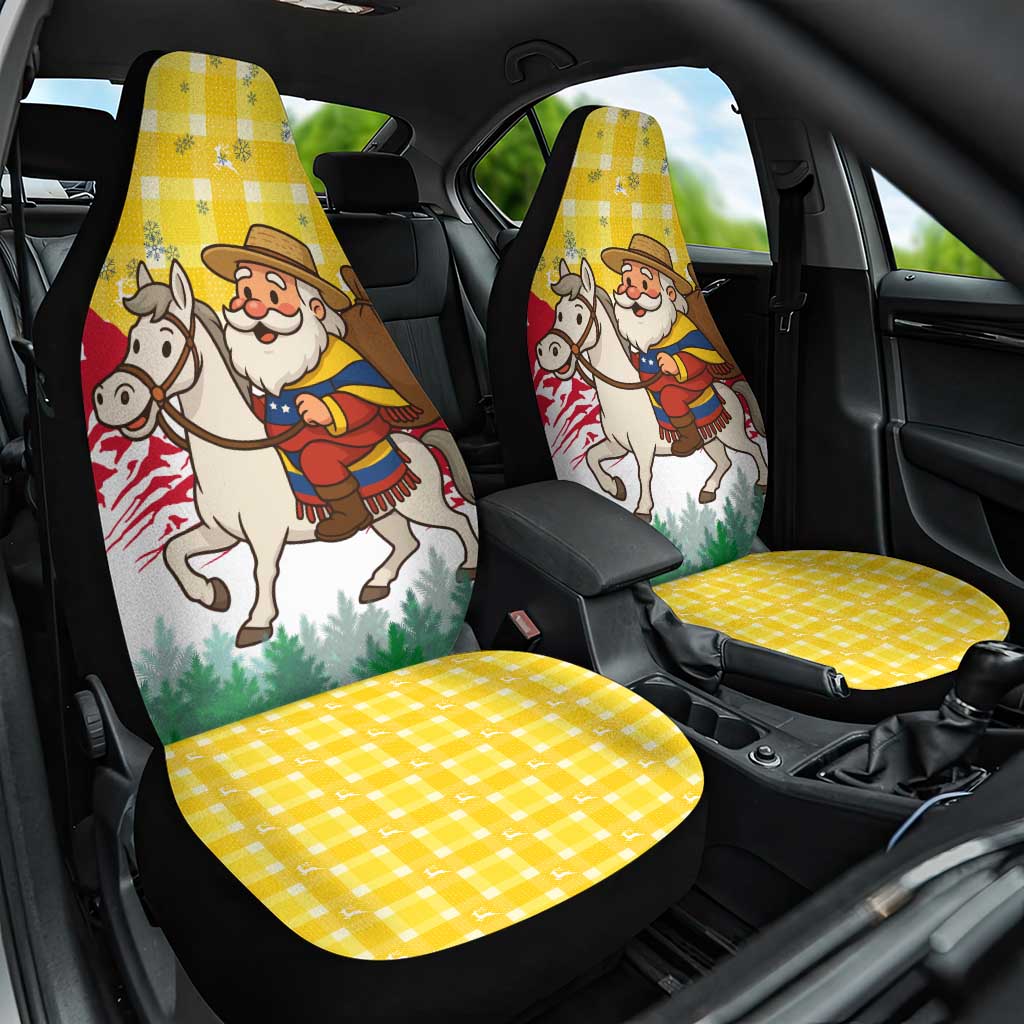 Venezuela Christmas Car Seat Cover with Santa on Horse Traditional Outfit Snowflakes and Yellow Plaid - Wonder Print Shop