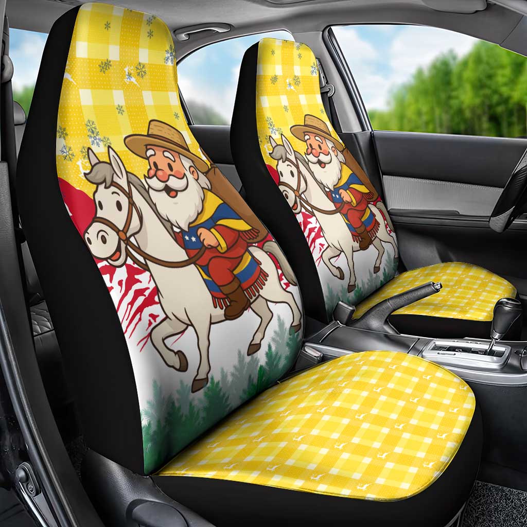 Venezuela Christmas Car Seat Cover with Santa on Horse Traditional Outfit Snowflakes and Yellow Plaid - Wonder Print Shop
