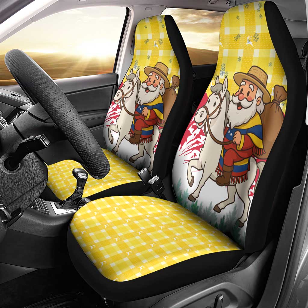 Venezuela Christmas Car Seat Cover with Santa on Horse Traditional Outfit Snowflakes and Yellow Plaid - Wonder Print Shop