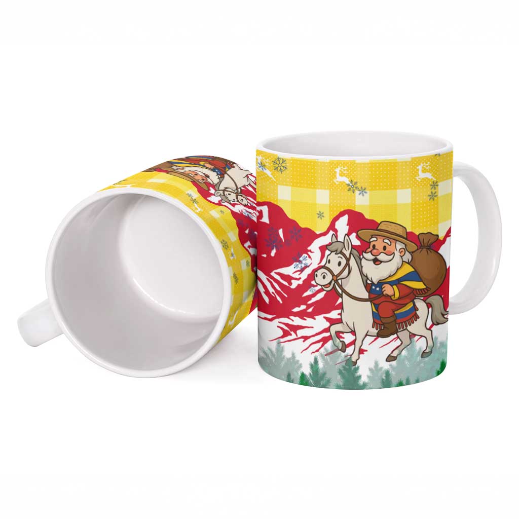 Venezuela Christmas Ceramic Mug with Santa on Horse Traditional Outfit Snowflakes and Yellow Plaid - Wonder Print Shop