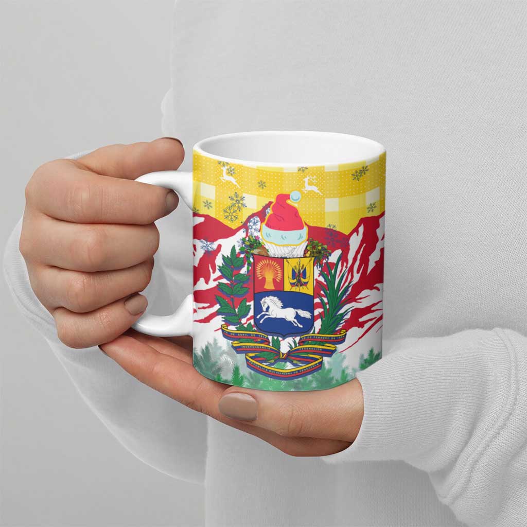 Venezuela Christmas Ceramic Mug with Santa on Horse Traditional Outfit Snowflakes and Yellow Plaid - Wonder Print Shop