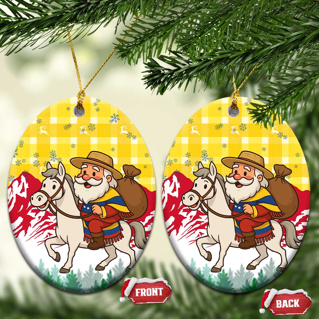 Venezuela Christmas Ceramic Ornament with Santa on Horse Traditional Outfit Snowflakes and Yellow Plaid - Wonder Print Shop
