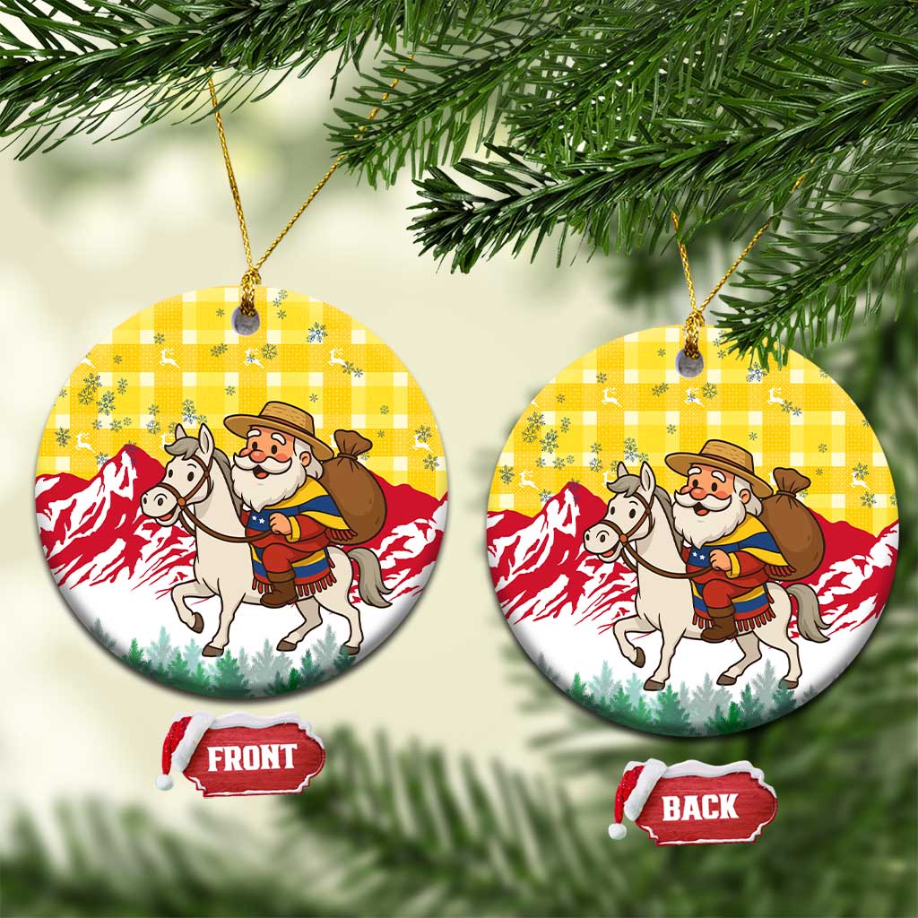 Venezuela Christmas Ceramic Ornament with Santa on Horse Traditional Outfit Snowflakes and Yellow Plaid - Wonder Print Shop