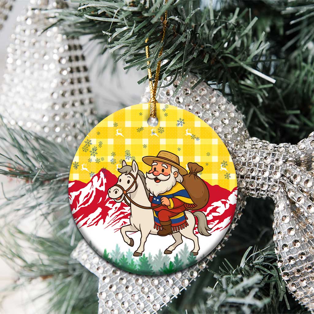 Venezuela Christmas Ceramic Ornament with Santa on Horse Traditional Outfit Snowflakes and Yellow Plaid - Wonder Print Shop