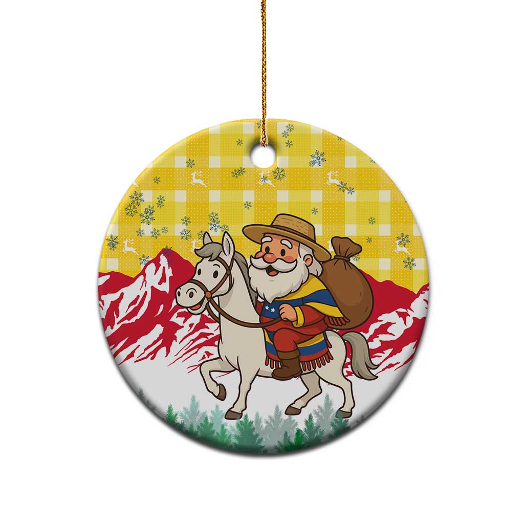 Venezuela Christmas Ceramic Ornament with Santa on Horse Traditional Outfit Snowflakes and Yellow Plaid - Wonder Print Shop