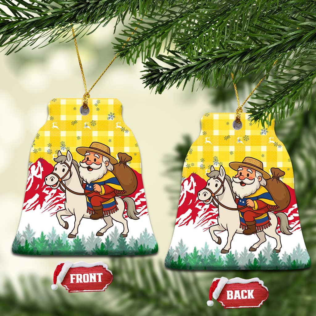 Venezuela Christmas Ceramic Ornament with Santa on Horse Traditional Outfit Snowflakes and Yellow Plaid - Wonder Print Shop