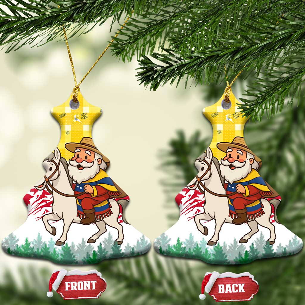 Venezuela Christmas Ceramic Ornament with Santa on Horse Traditional Outfit Snowflakes and Yellow Plaid - Wonder Print Shop