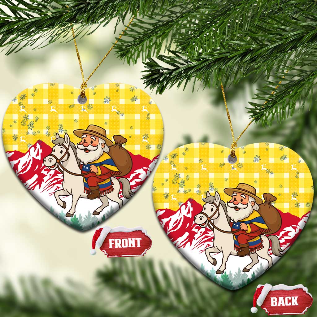 Venezuela Christmas Ceramic Ornament with Santa on Horse Traditional Outfit Snowflakes and Yellow Plaid - Wonder Print Shop