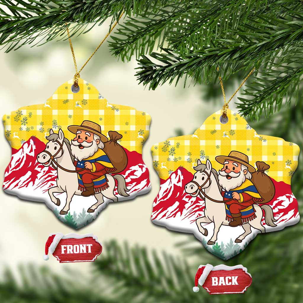 Venezuela Christmas Ceramic Ornament with Santa on Horse Traditional Outfit Snowflakes and Yellow Plaid - Wonder Print Shop