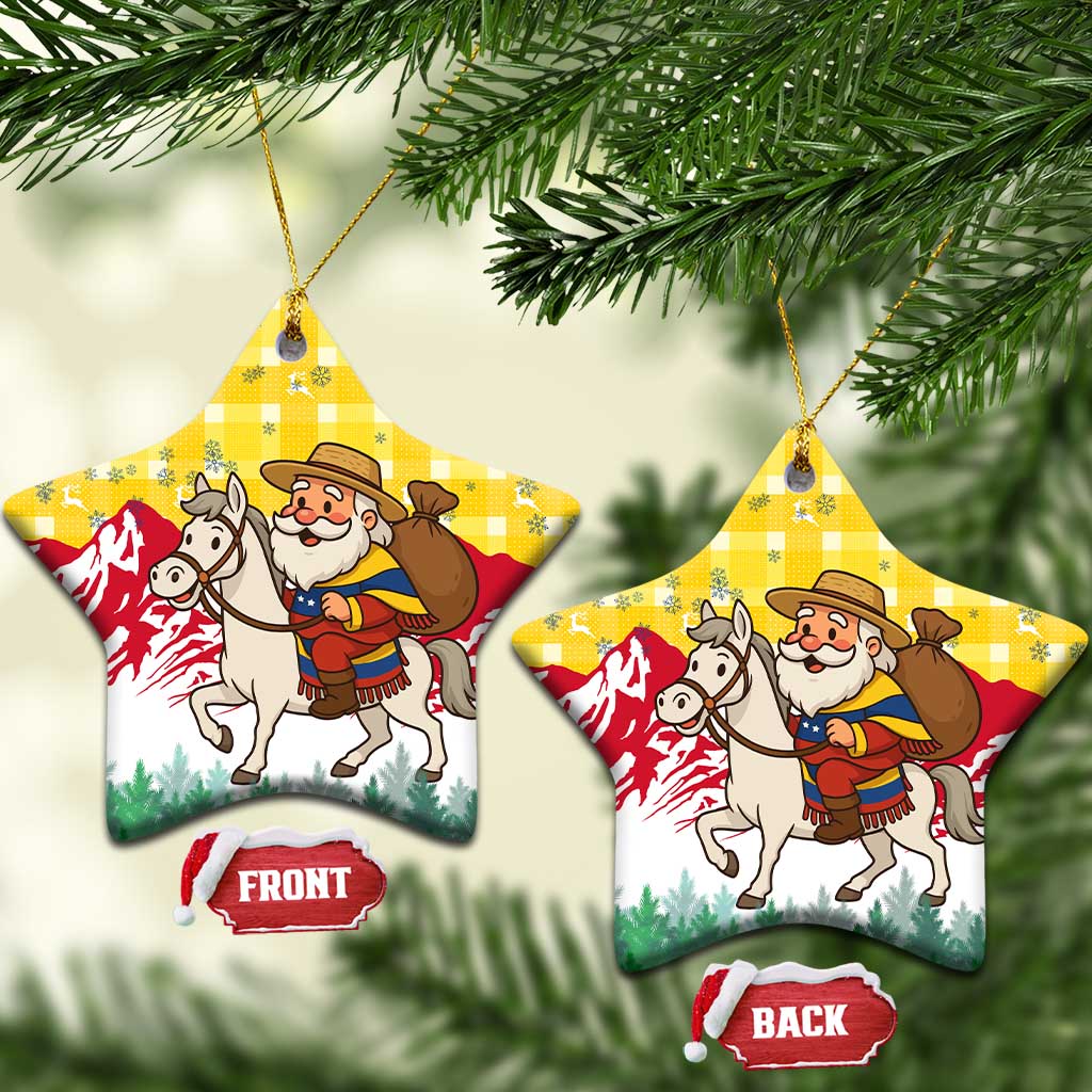 Venezuela Christmas Ceramic Ornament with Santa on Horse Traditional Outfit Snowflakes and Yellow Plaid - Wonder Print Shop