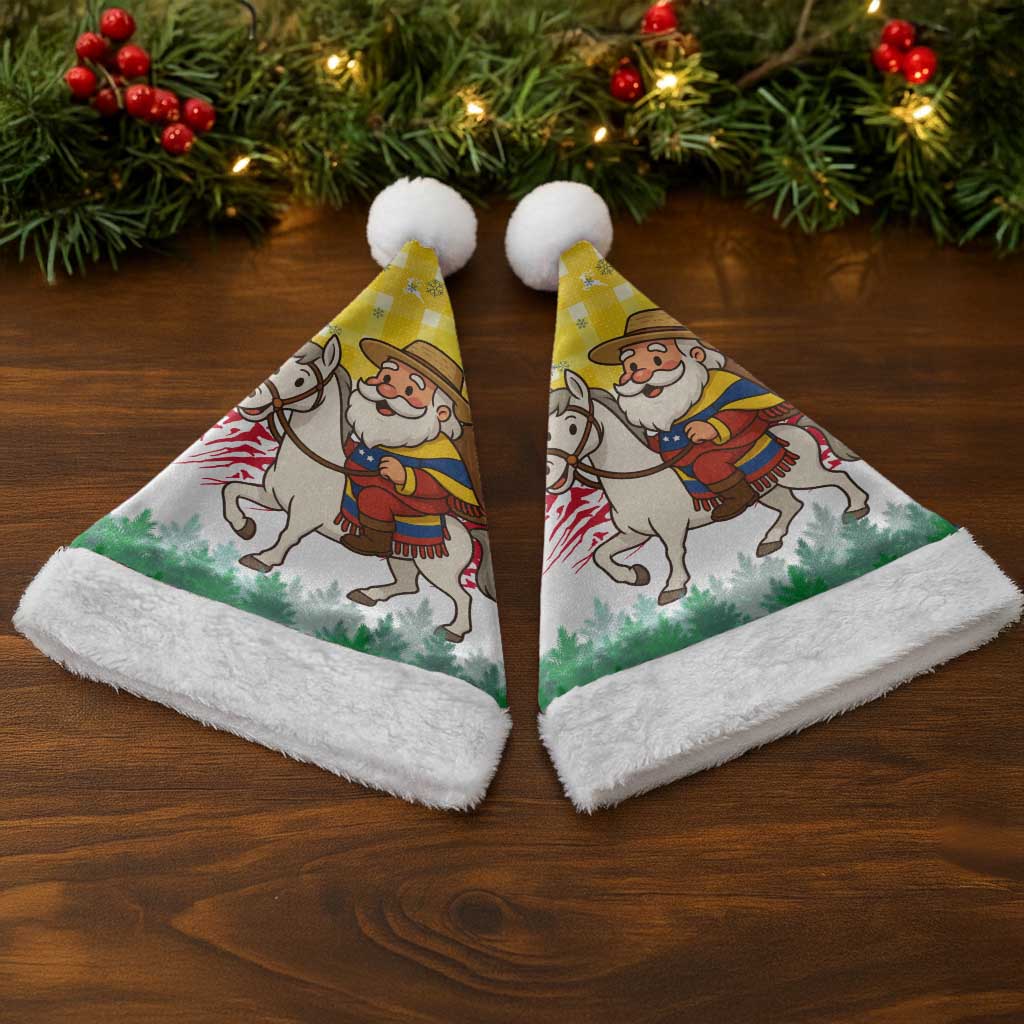 Venezuela Christmas Santa Hat with Santa on Horse Traditional Outfit Snowflakes and Yellow Plaid - Wonder Print Shop