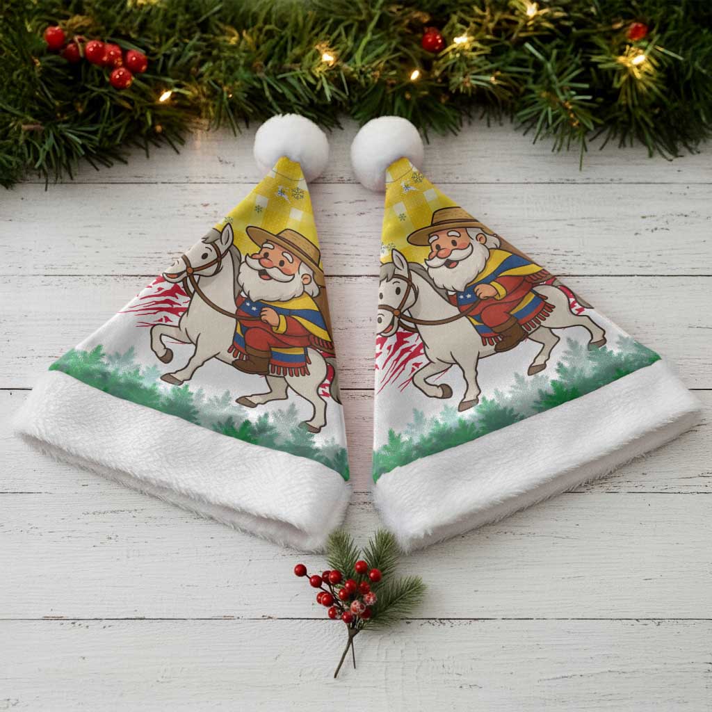 Venezuela Christmas Santa Hat with Santa on Horse Traditional Outfit Snowflakes and Yellow Plaid - Wonder Print Shop