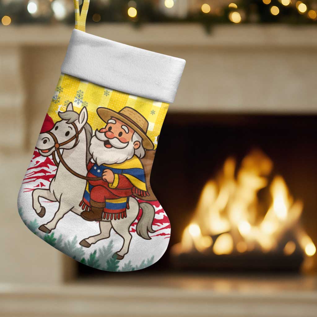 Venezuela Christmas Stocking with Santa on Horse Traditional Outfit Snowflakes and Yellow Plaid - Wonder Print Shop
