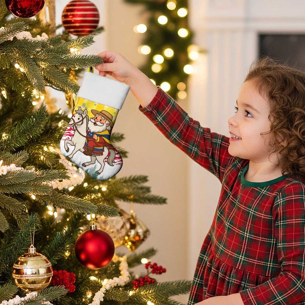 Venezuela Christmas Stocking with Santa on Horse Traditional Outfit Snowflakes and Yellow Plaid - Wonder Print Shop