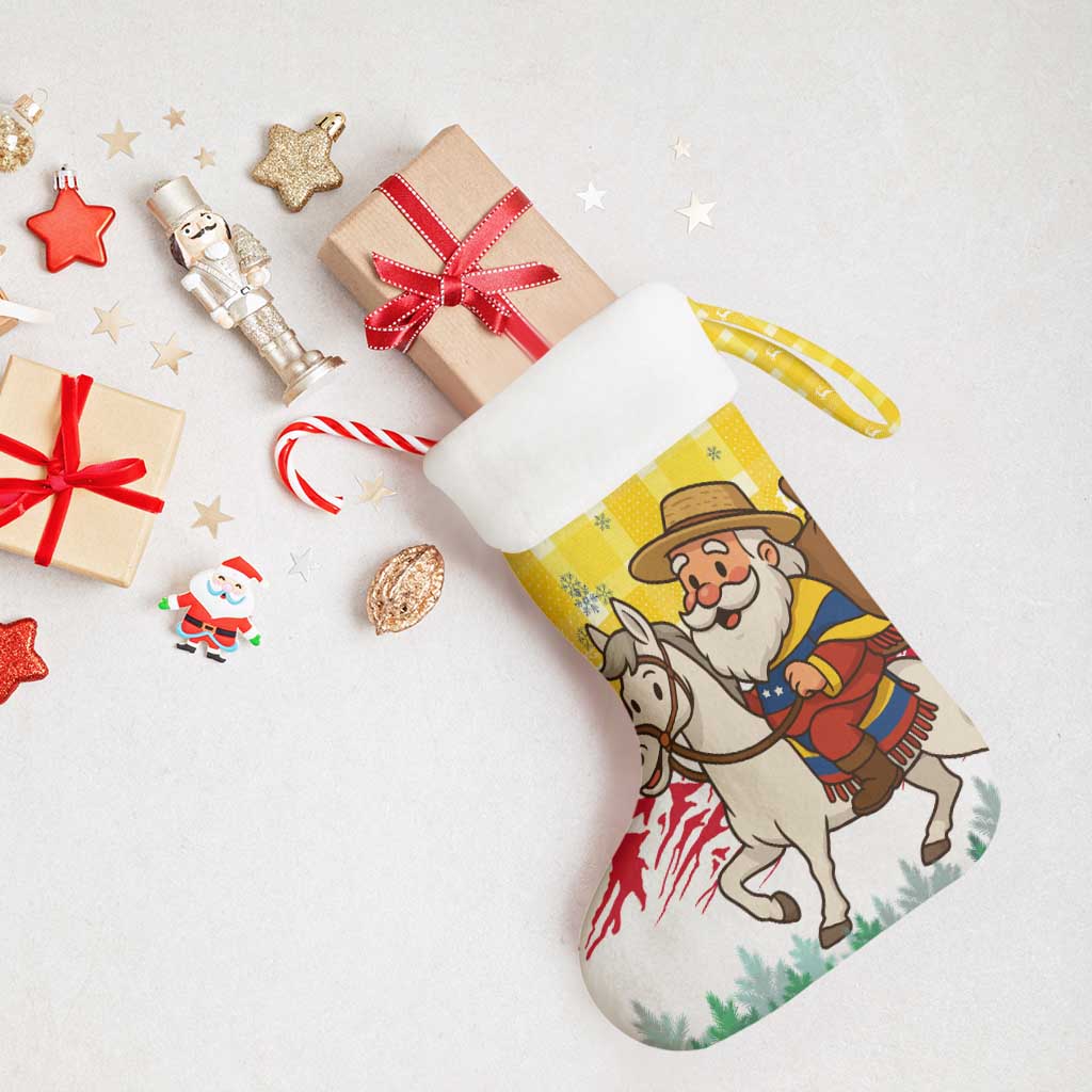 Venezuela Christmas Stocking with Santa on Horse Traditional Outfit Snowflakes and Yellow Plaid - Wonder Print Shop