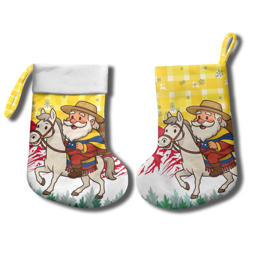 Venezuela Christmas Stocking with Santa on Horse Traditional Outfit Snowflakes and Yellow Plaid - Wonder Print Shop