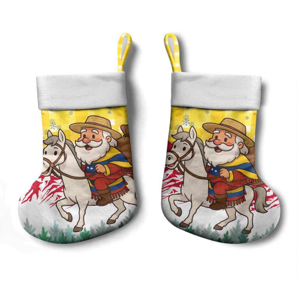 Venezuela Christmas Stocking with Santa on Horse Traditional Outfit Snowflakes and Yellow Plaid - Wonder Print Shop