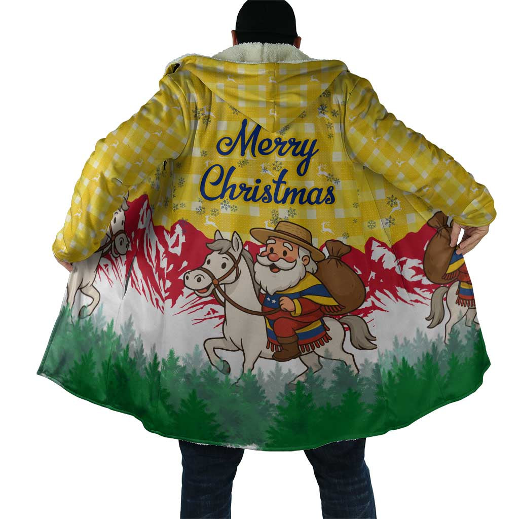 Venezuela Christmas Cloak with Santa on Horse Traditional Outfit Snowflakes and Yellow Plaid - Wonder Print Shop