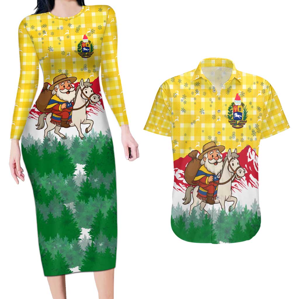 Venezuela Christmas Couples Matching Long Sleeve Bodycon Dress and Hawaiian Shirt with Santa on Horse Traditional Outfit Snowflakes and Yellow Plaid - Wonder Print Shop